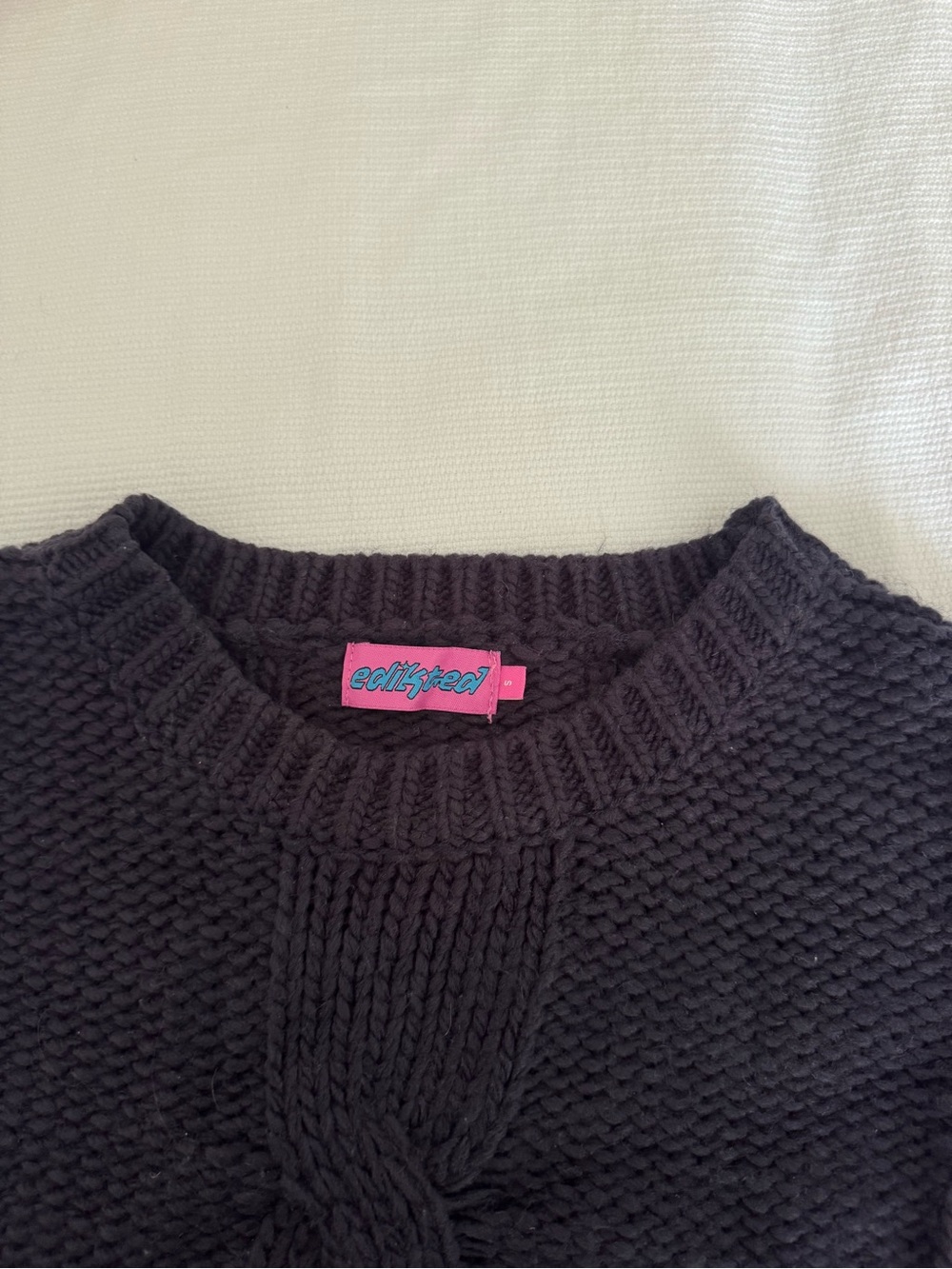 Edikted Navy Blue Oversized Chunky Cable Crewneck Sweater